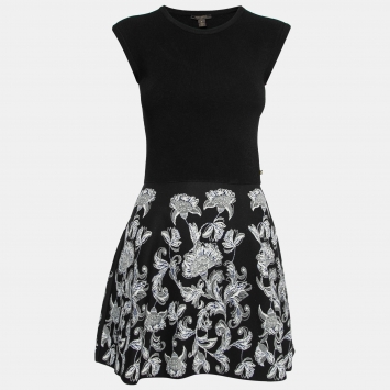 Pre Owned Louis Vuitton Black Floral Patterned Knit Sleeveless Dress S