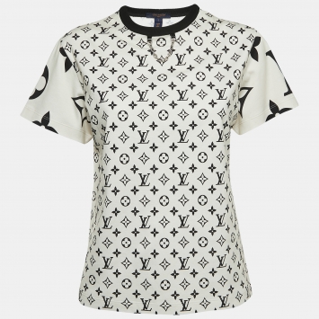 Pre Owned Louis Vuitton Cream Mix Monogram Cotton Chain Crew Neck T-Shirt S