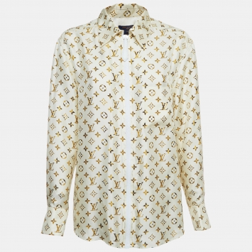 مملوكة مسبقًا Louis Vuitton Cream Monogram Silk Zip-Up Long Sleeve Shirt M