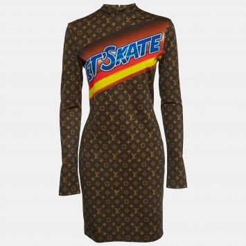 Pre Owned Louis Vuitton Brown Logo Monogram Print Jersey  Mini Dress M