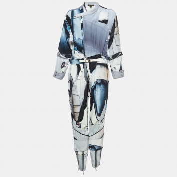 Pre Owned Louis Vuitton Blue Printed Silk Blend Belted Jumpsuit M
