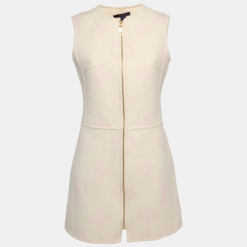 Pre Owned Louis Vuitton Cream Logo Print Wool Zipper Mini Dress M