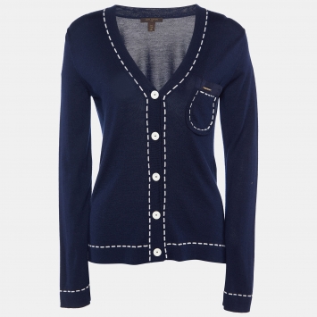 مملوكة مسبقًا Louis Vuitton Navy Blue Wool & Silk Knit Cardigan M 