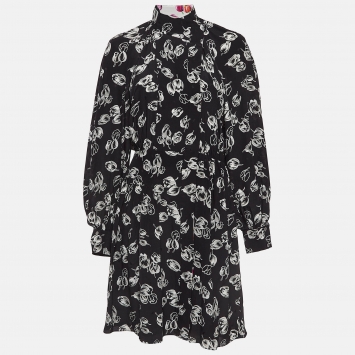 Pre Owned Louis Vuitton Black Floral Print Silk Flared Midi Dress M