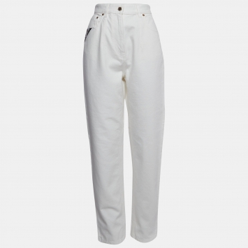Pre Owned Louis Vuitton White Leather Applique Denim Jeans M Waist 28"