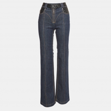 Pre Owned Louis Vuitton Navy Blue Leather Trim Denim Jeans M Waist 31"