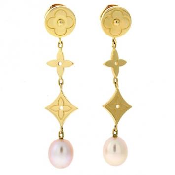 Pre Owned Louis Vuitton Pearl Monogram Earrings 18K Yellow Gold