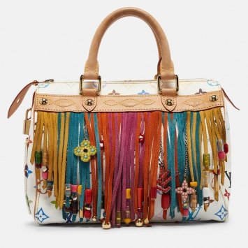 Pre Owned Louis Vuitton White Monogram Multicolore Canvas Limited Edition Fringe Speedy 25 Bag