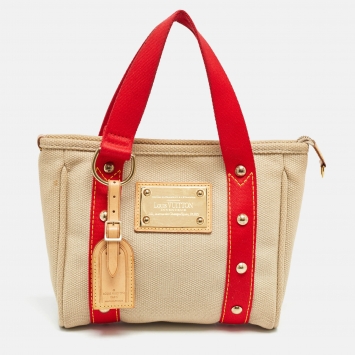 Pre Owned Louis Vuitton Beige/Red Canvas Antigua Cabas PM Bag