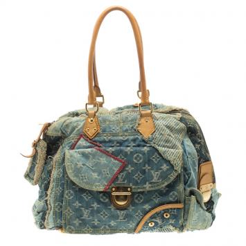 Pre Owned Louis Vuitton Blue Monogram Patchwork Denim Limited Edition Bowly Bag