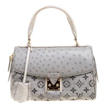 Pre Owned Louis Vuitton Grey/Silver Monogram Ostrich/Croc and Fabric Limited Edition Comedie Carrousel Bag