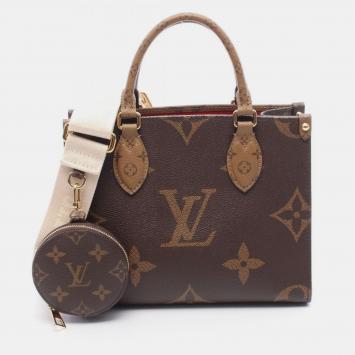Pre Owned Louis Vuitton On The Go Pm Handbag In Coated Canvas With Monogram Giant Reverse Brown And Beige