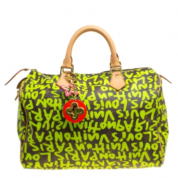 Pre Owned Louis Vuitton Monogram Canvas Neon Green Graffiti Stephen Sprouse Speedy 30 Bag with Charm