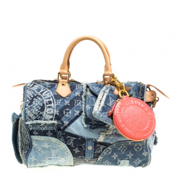 Pre Owned Louis Vuitton Blue Monogram Denim Limited Edition Patchwork Speedy Bag with Charm