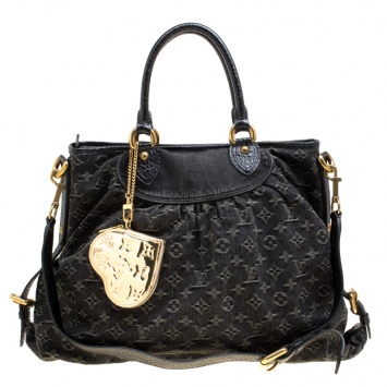 Pre Owned Louis Vuitton Black Monogram Denim Neo Cabby GM Bag with Charm