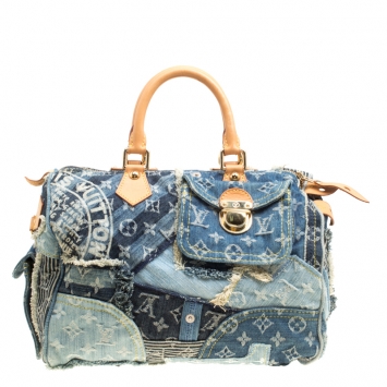 Pre Owned Louis Vuitton Blue Monogram Denim Limited Edition Patchwork Speedy Bag
