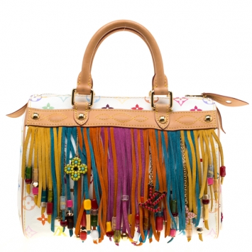 Pre Owned Louis Vuitton White Monogram Multicolore Limited Edition Fringe Speedy 25