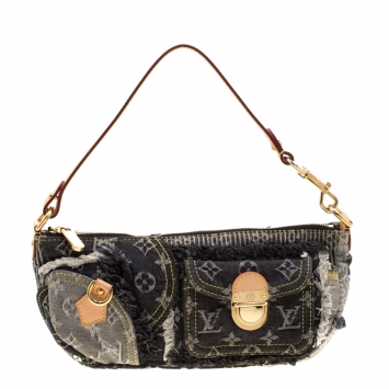 Pre Owned Louis Vuitton Black Monogram Denim Patchwork Pouchy Bag