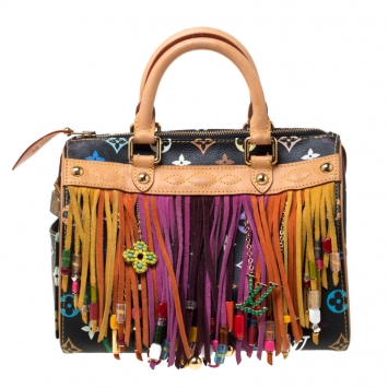 Pre Owned Louis Vuitton Black Monogram Multicolore Limited Edition Fringe Speedy 25 Bag