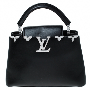 Pre Owned Louis Vuitton Black Leather Crystal Flowers Capucines BB Bag         