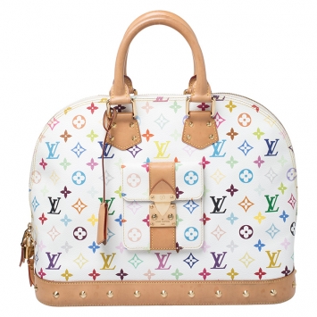 Pre Owned Louis Vuitton White Multicolor Monogram Alma MM Bag
