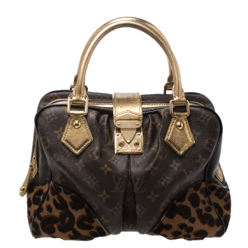 Pre Owned Louis Vuitton Brown/Gold Monogram Canvas, Calfhair and Lizard Adele Satchel