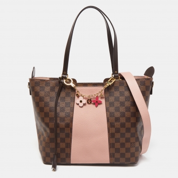 Pre Owned Louis Vuitton Damier Ebene Canvas  and Magnolia Leather Jersey Tote