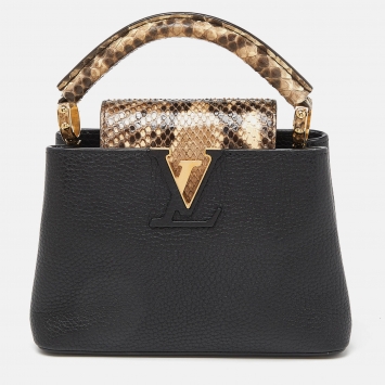 Pre Owned Louis Vuitton Black Leather and Python Capucines Mini Bag