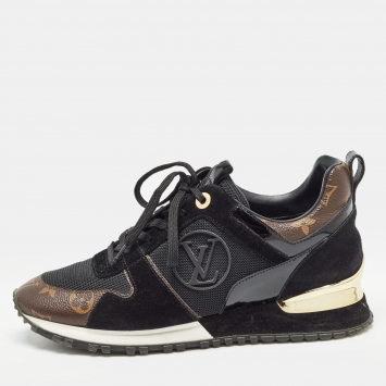 Pre Owned Louis Vuitton Black Suede and Monogram Canvas Run Away Sneakers Size 37.5