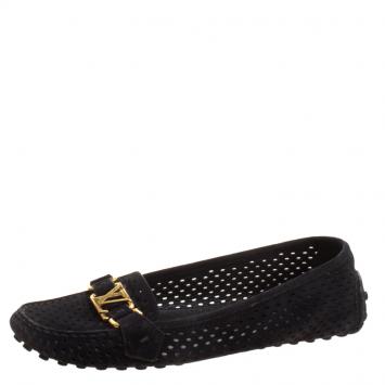 Pre Owned Louis Vuitton Black Perforated Suede Oxford Loafers Size 37.5