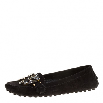 Pre Owned Louis Vuitton Black Crystal Embellished Suede Silver Night Loafers Size 39