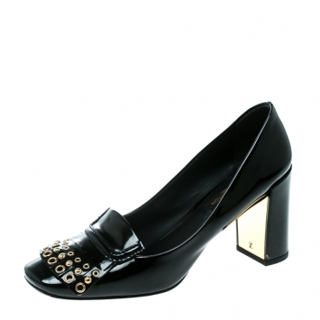 Pre Owned Louis Vuitton Black Patent Leather Fringe Detail Loafer Pumps Size 37.5