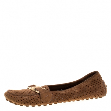Pre Owned Louis Vuitton Brown Perforated Suede Oxford Loafers Size 37.5