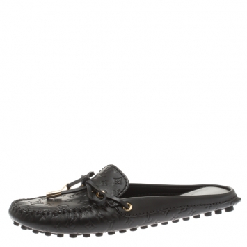 Pre Owned Louis Vuitton Black Monogram Empreinte Leather Gloria Slip On Flat Loafers Size 35