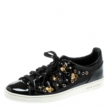 Pre Owned Louis Vuitton Black Patent Leather Frontrow Blossom Floral Embellished Low Top Sneakers Size 38.5