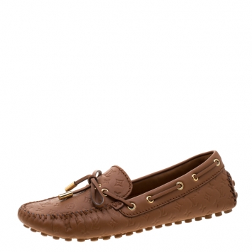 Pre Owned Louis Vuitton Brown Monogram Leather Bow Slip On Loafers 37