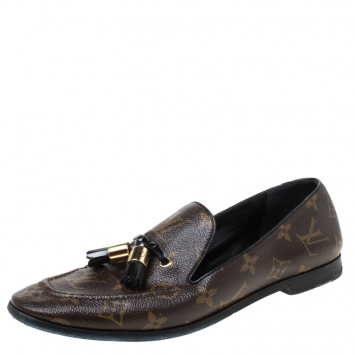 Pre Owned Louis Vuitton Brown Monogram Canvas Tassel Detail Smoking Slippers Size 39