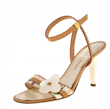 Pre Owned Louis Vuitton Beige Flower Monogram Multicolore Open Toe Ankle Strap Sandals Size 38.5