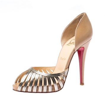 Pre Owned Christian Louboutin Beige/Gold Lasercut Metal and Leather D'Orsay Peep Toe Pumps Size 38