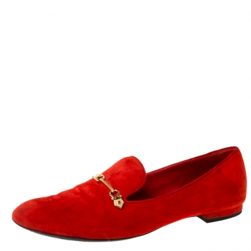 Pre Owned Louis Vuitton Orange Suede Slip On Loafers Size 39