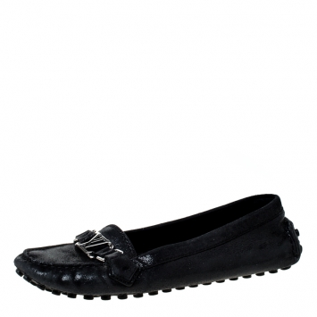 Pre Owned Louis Vuitton Black Glitter Suede Logo Detail Slip On Loafers Size 40 