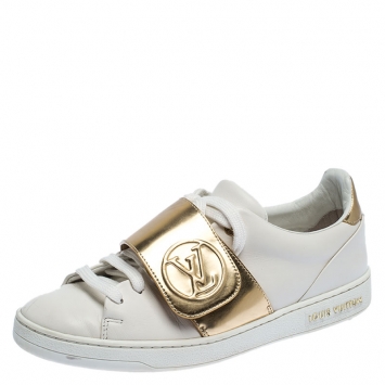 Pre Owned Louis Vuitton White/Gold Leather Front Row Sneakers Size 36.5