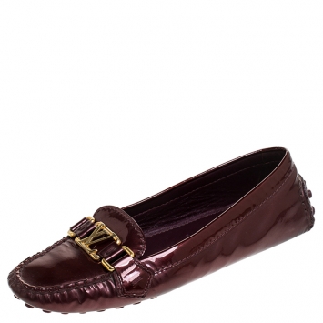 Pre Owned Louis Vuitton Burgundy Patent Leather Oxford Loafers Size 37