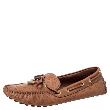 Pre Owned Louis Vuitton Brown Monogram Empreinte Leather Gloria Flat Loafers Size 39