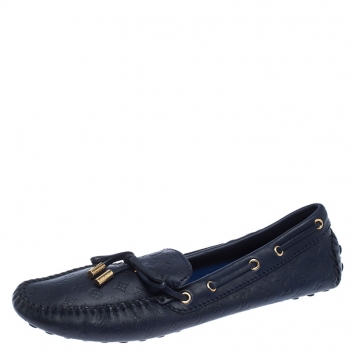 Pre Owned Louis Vuitton Blue Leather Monogram Empreinte Gloria Loafers Size 39.5