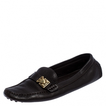 Pre Owned Louis Vuitton Dark Brown Leather S-Lock Driving Loafers Size 38.5