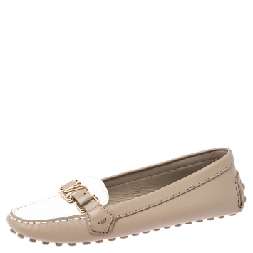 Pre Owned Louis Vuitton Beige/White Leather Oxford Loafers Size 38