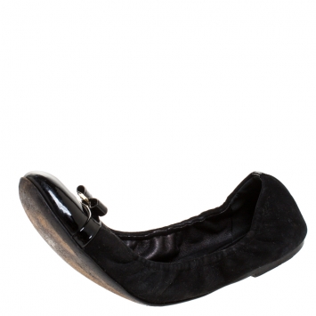 Pre Owned Louis Vuitton Black Suede and Patent Leather Elba Scrunch Ballet Flats Size 39