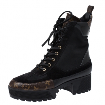 Pre Owned Louis Vuitton Black/Brown Suede And Monogram Leather Laureate Platform Desert Ankle Boots Size 40
