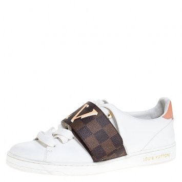 Pre Owned Louis Vuitton White Leather And Canvas Trim Frontrow Low Top Sneakers Size 37.5